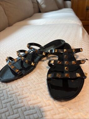 Olivia Miller Black Sandals with Gold Pyramid Studs